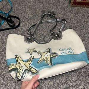 Coach Starfish Canvas Large Tote Shoulder Bag Silver Leather Trim